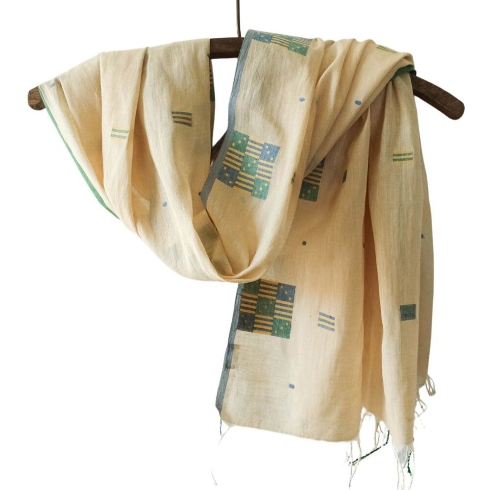Fair Trade Real Bengali Jamdani Hand Loomed Fine Muslin Scarf in Butter Yellow